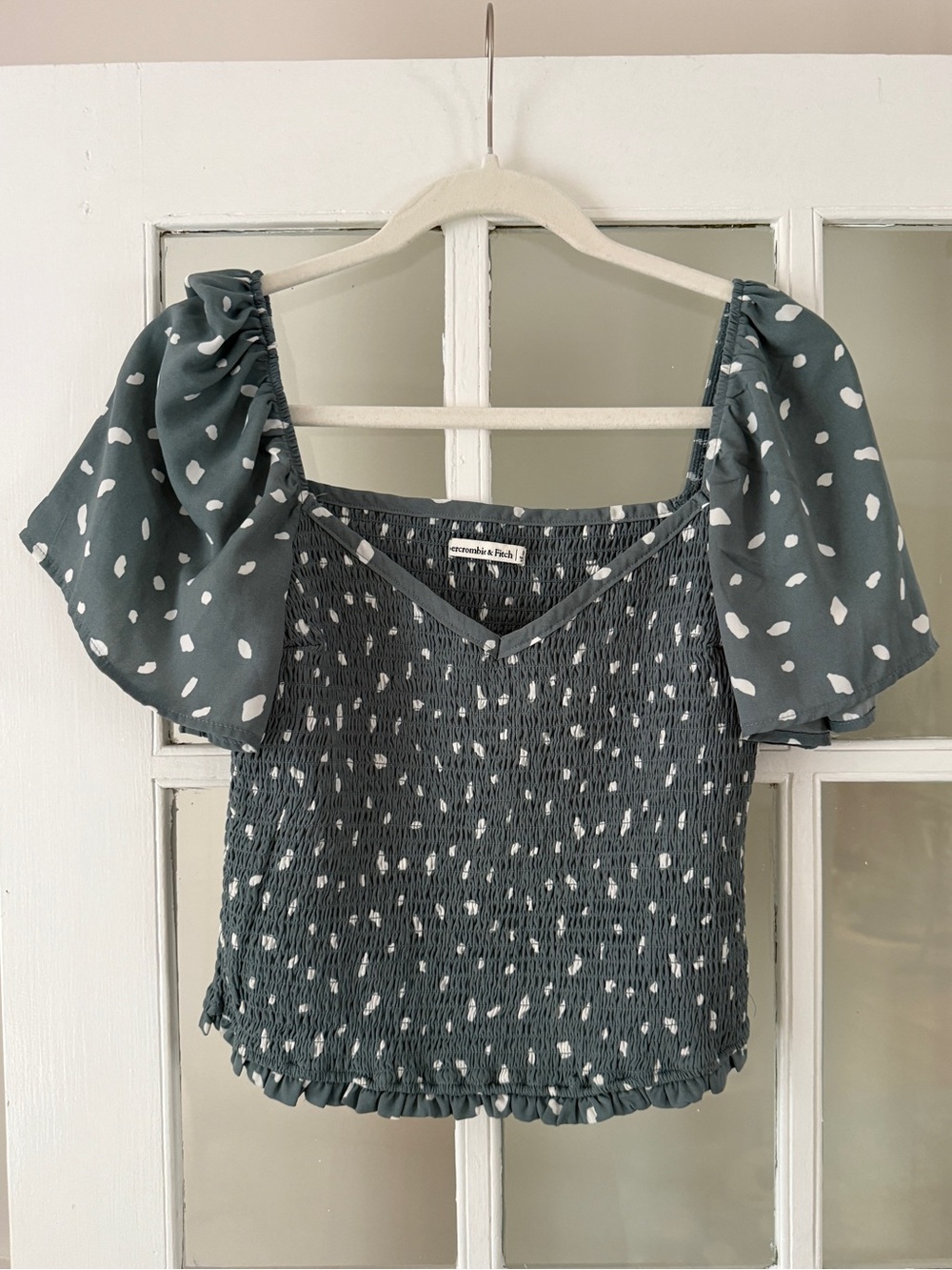 Abercrombie & Fitch Dark Teal Smocked Puff Sleeve Crop Top with White Dot Print